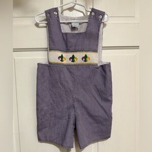4T Smocked Mardi Gras Boys Jon Jon Shortalls Fleur de Leis Romper Louisiana